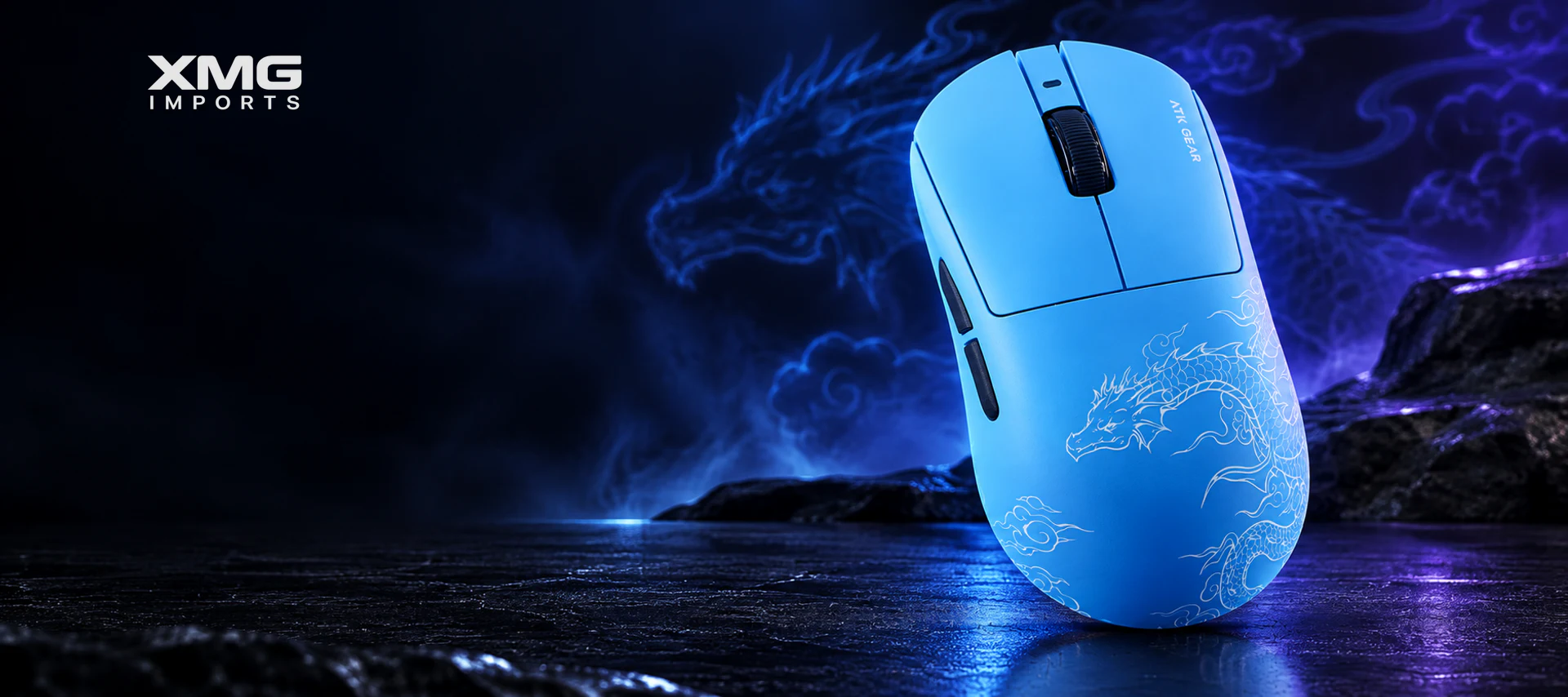 Mouse ATK A9 Air+ Leviatan azul em cenário escuro com iluminação violeta